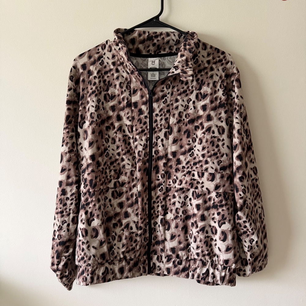 Members Mark Womens Travel Jacket Leopard Animal Print Brown Full Zip Large